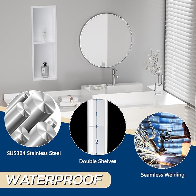 Stainless Steel Shower Niche 24" X 8", No Tile Needed Wall Niche Double Shelves - Image 6