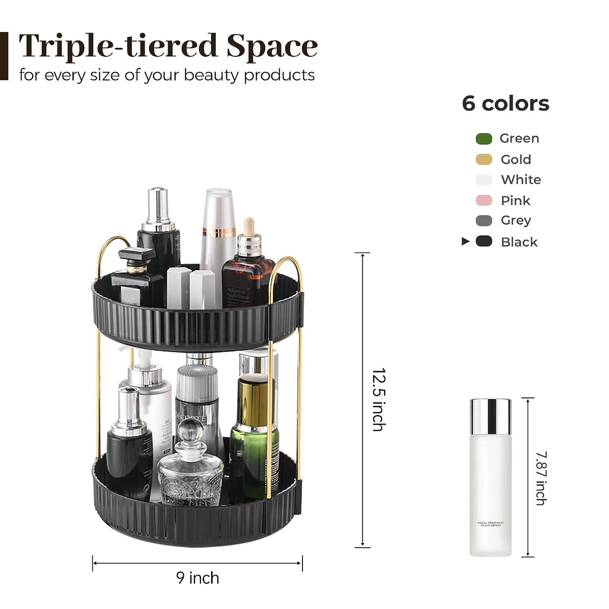 Aveniee Rotating Makeup Organizer, 2-Tier Black Vanity Storage
