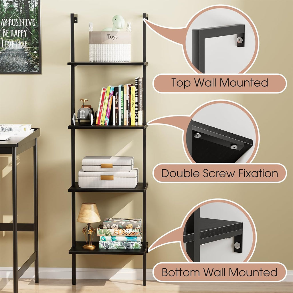 Ladder Shelf 4 Tiers Metal Industrial Bookshelf,Black Wooden Tall Open
