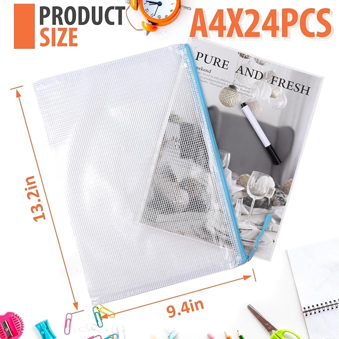 24 Pack 8 Color A4 Mesh zipper pouch bags, Storage Bags, File Bags - Image 2