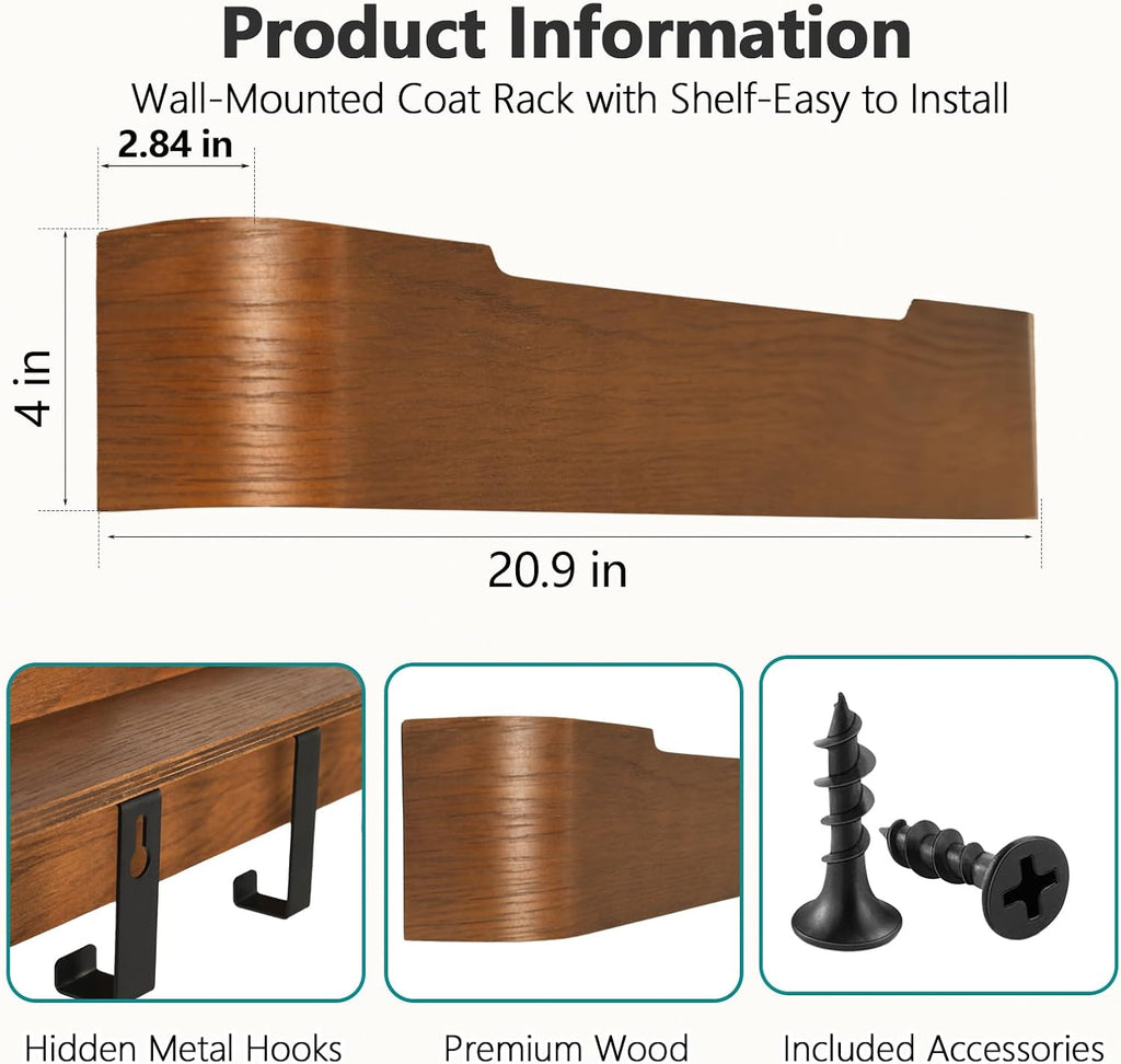 Coat Rack Wall Mount with Hidden Hooks Modern Key Holder Wood Entryway