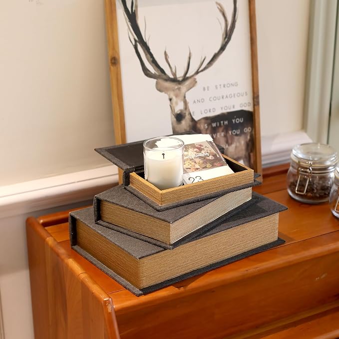 Modern Linen and Wood Decorative Faux Book Boxes Set of 3-13" - Image 7