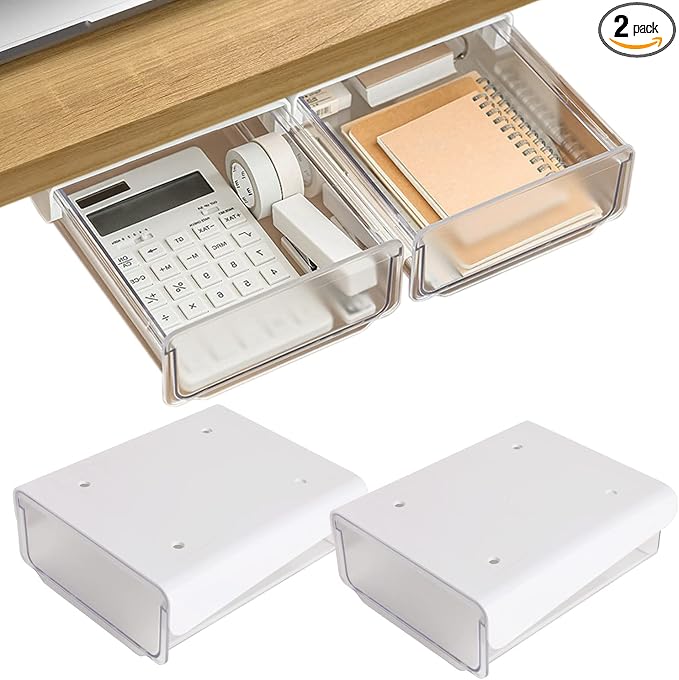 OSPNIEEK Self-adhesive Under Desk Drawer Organizer, 2 Pack Table Hidden Slide by OSPNIEEK