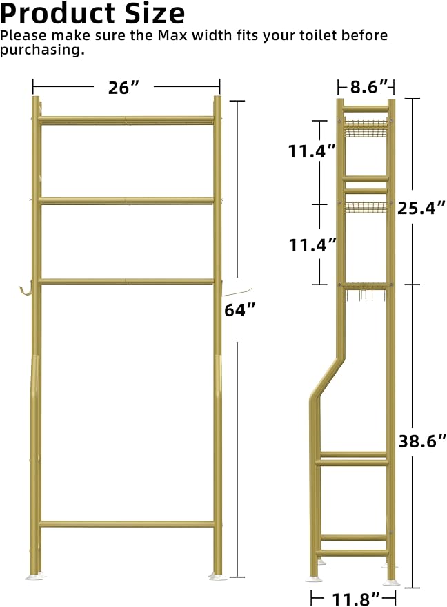 3-Tier Over The Toilet Storage, Freestanding Metal Bathroom Shelves - Image 3