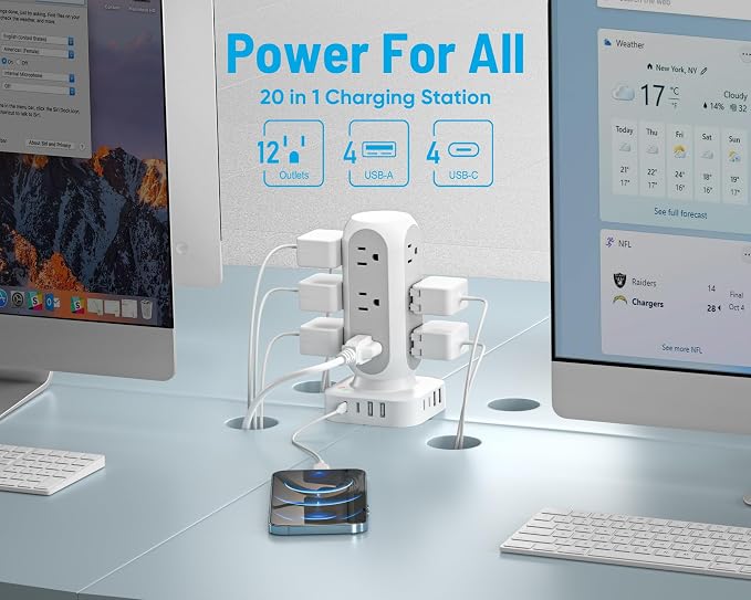 Tower Power Strip with Surge Protection, Flat Plug Outlet Extender with 12 AC - Image 3