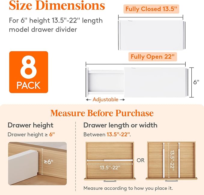 Lifewit 8 Pack Drawer Dividers Plastic 6" High, 13.5-22" Adjustable Drawer - Image 2