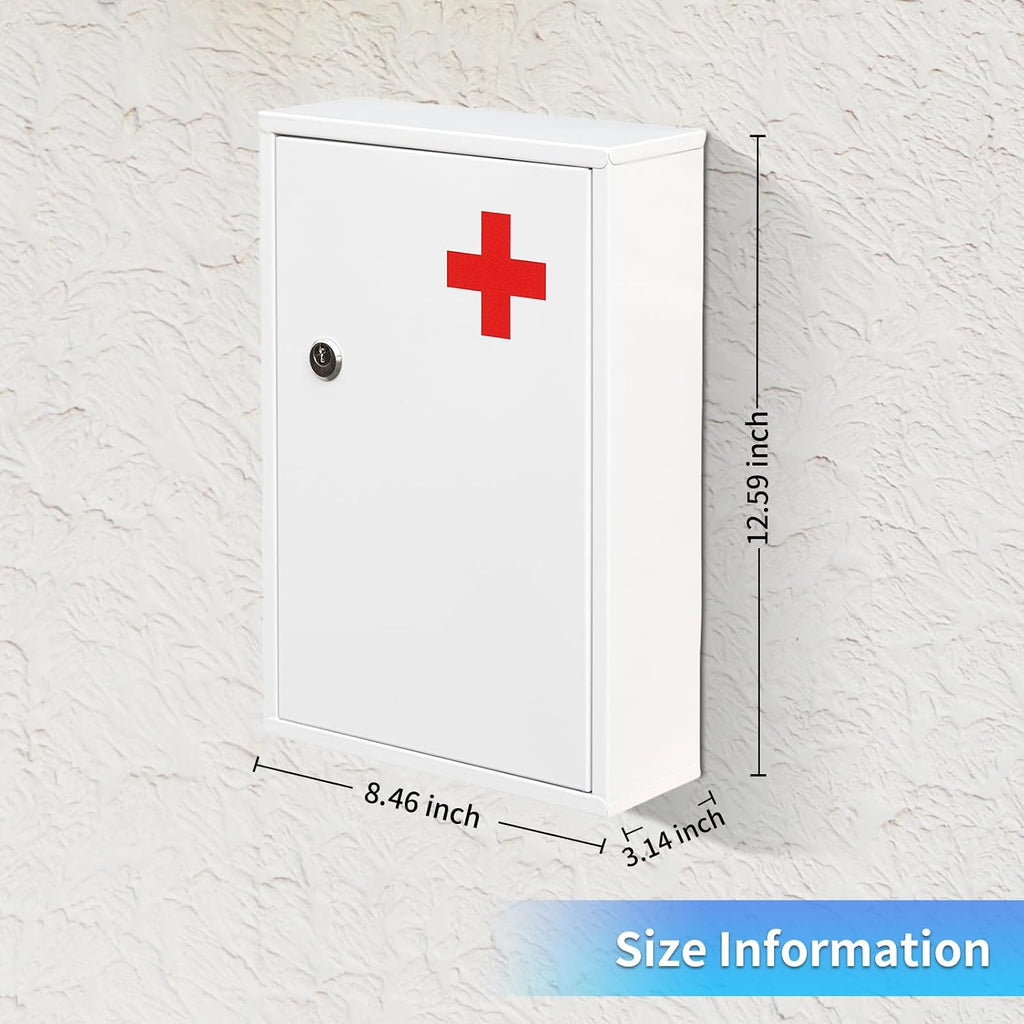Wall Mount Locking Medicine Cabinet, Compact Steel First Aid Organizer