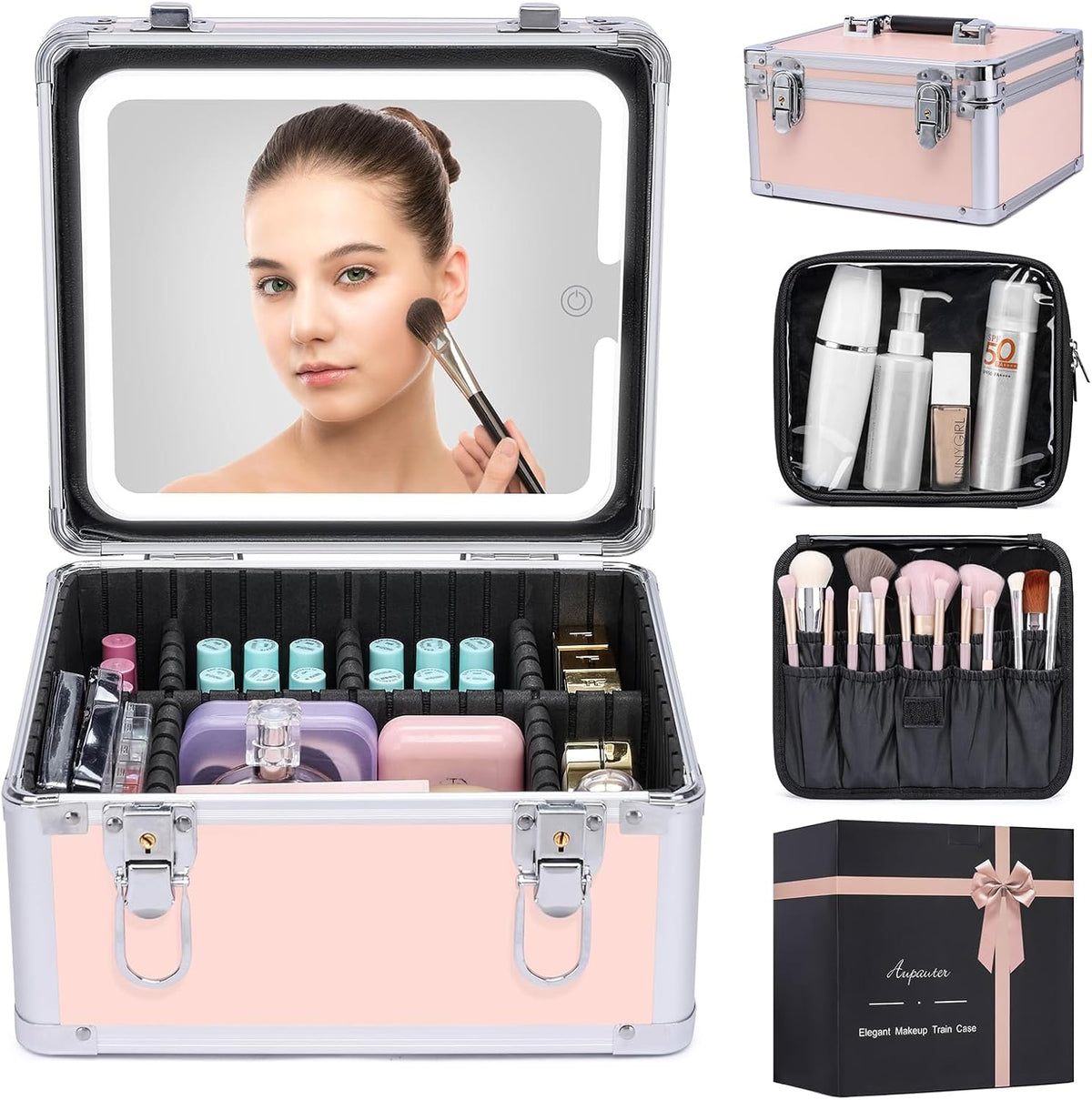 Makeup Box with Led Mirror,Travel Train Hard Case with Rechargeable
