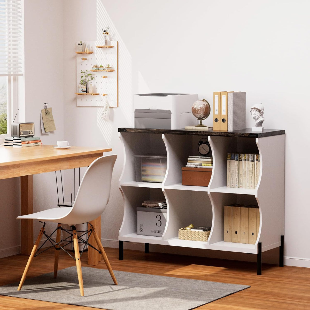 6 Cube Low and Short Book Shelf, White with Dark Brown Top