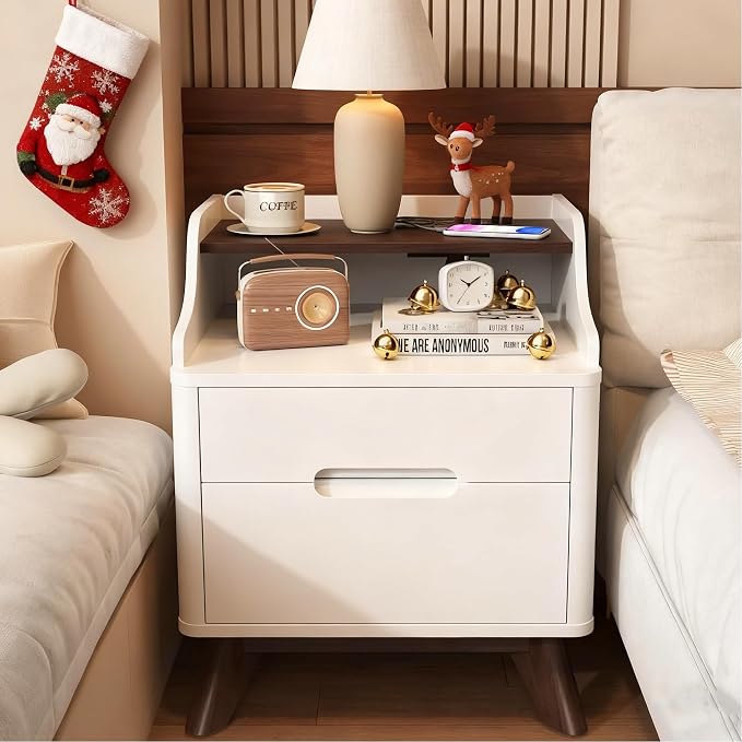 Nightstand with Charging Station, Wood Night Stand with Hidden Handle by SOLACEFURNITURE