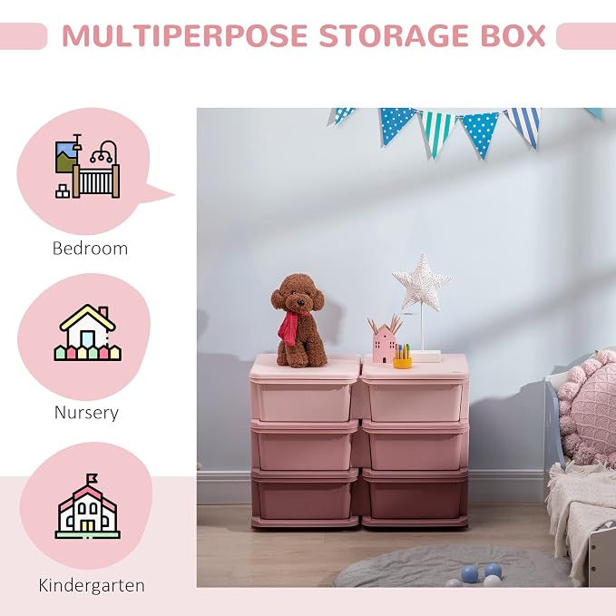 Qaba 3 Tier Kids Storage Unit, 6 Drawer Chest Toy Organizer Plastic Bins - Image 5