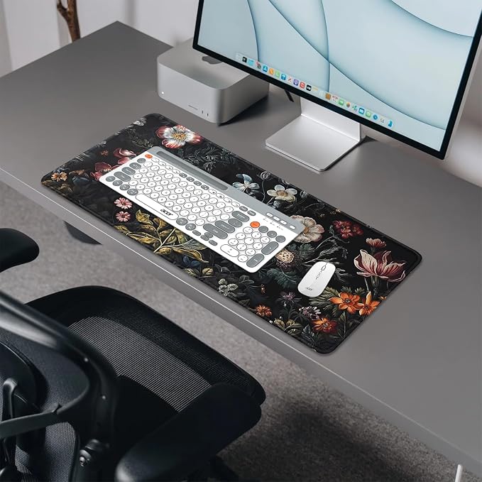 Vintage Aesthetic Mouse Pad, Extended Flower Plant Black Mousepad Desk Pad - Image 3