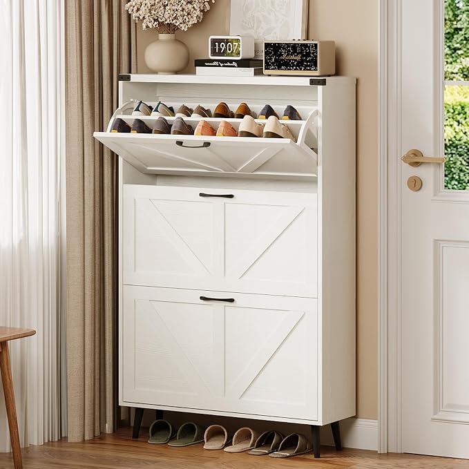 Shoe Cabinet with 3 Flip Drawers, Farmhouse Shoe Organizer Cabinet with Legs by Halitaa