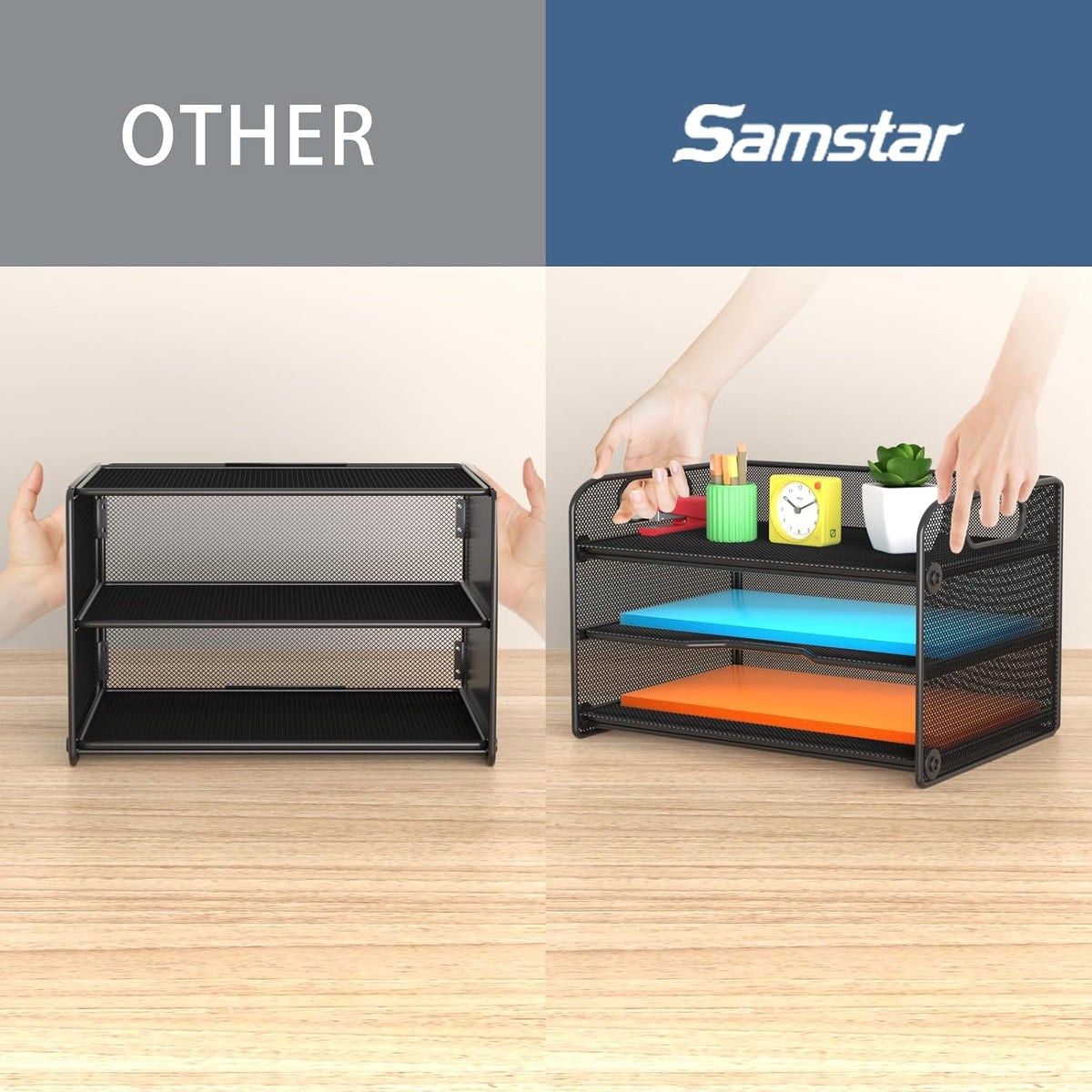 Samstar 3 Tier Letter Tray Paper Organizer with Handle, Mesh Desk