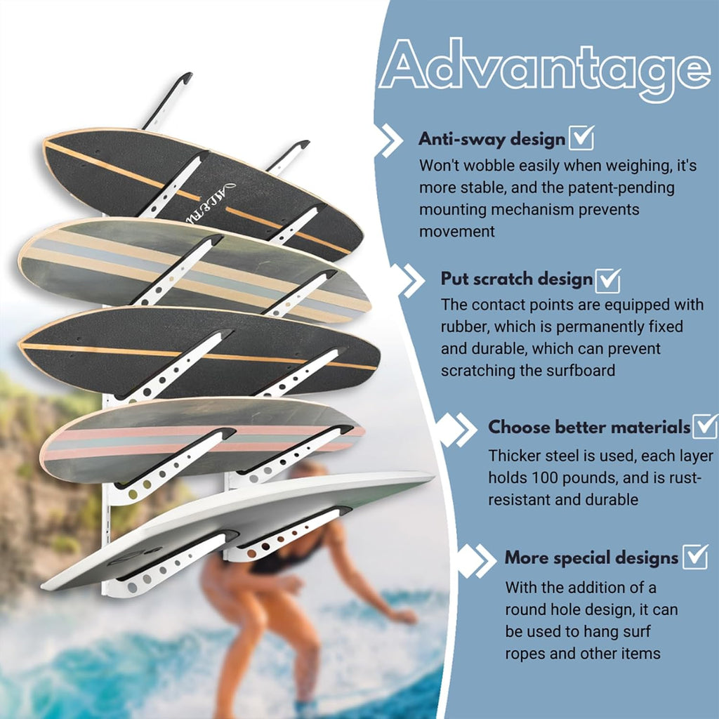 ShouRong Snowboard Wall Mount, Adjustable 5/6 Board Surfboard Rack