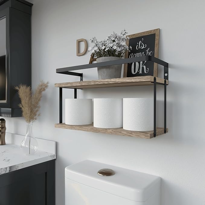 RICHER HOUSE Dual-Level Guardrail Floating Shelves, Rustic Wood Shelf Wall - Image 4