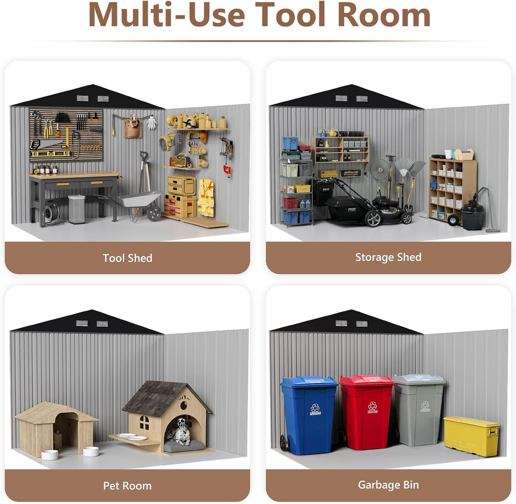 8X6 FT Outdoor Storage Shed, Metal Garden Shed, Storage Tool Sheds