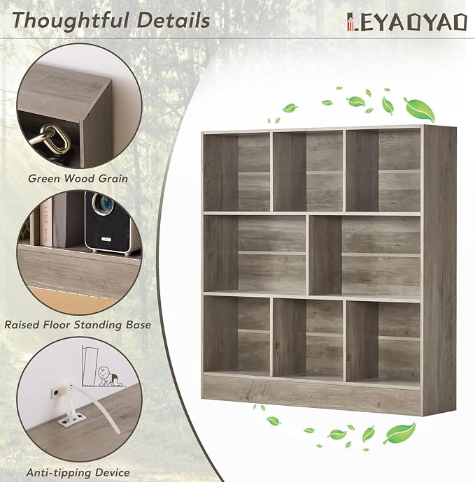 LEYAOYAO 8 Cube Bookshelf with Base, 3 Tier Mid-Century Modern Grey Bookcase - Image 5