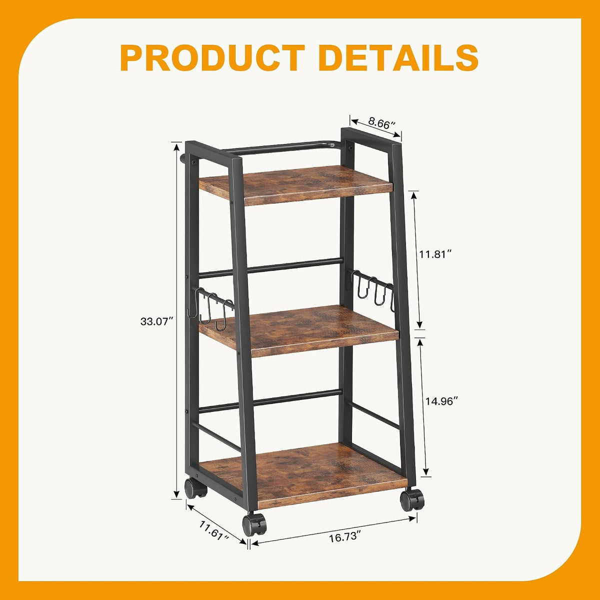 Homeiju 3 Tier Kitchen Storage Cart with Lockable Wheels & 6 Hooks