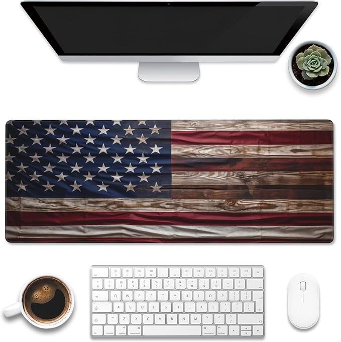Large Gaming Mouse Pad for Desk, Wooden American Flag Desk Mat, Wooden USA Flag by Eflxamz