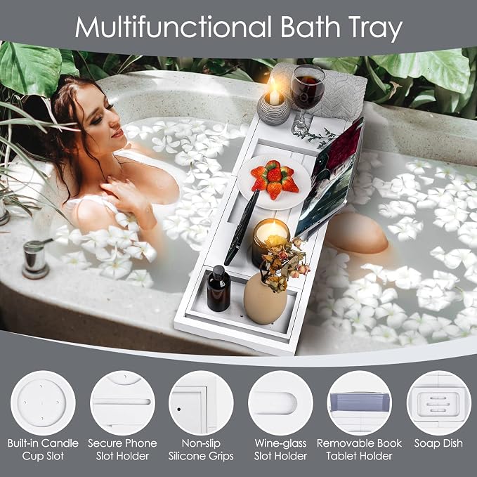 Foldable Bathtub Caddy Tray, Bamboo Bath Tub Tray Table - Image 2