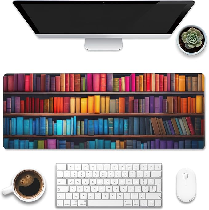 Large Gaming Mouse Pad for Desk, Bookshelves Full of Books Desk Mat, Colorful by Eflxamz