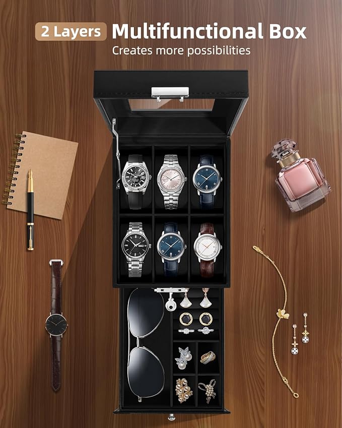 Uten 6-Slot Watch Box, 2-Layers PU Leather Watch Case - Image 2