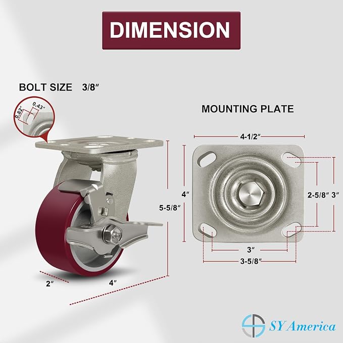 SY America 4" X 2" Casters Wheels, Heavy Duty Industrial Casters，Polyurethane - Image 2