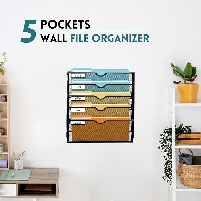 SUPEASY 5-Tier Wall File Organizer Mesh Office Mail Holder, Hanging Wall - Image 2