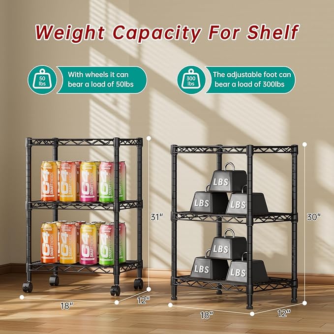 3 Tier Adjustable Storage Shelves Heavy Duty Metal Utility Shelf Wire Shelving - Image 3