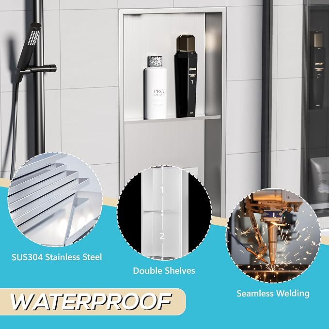 Stainless Steel Shower Niche 24" X 12", No Tile Needed Wall Niche Double Shelves - Image 5