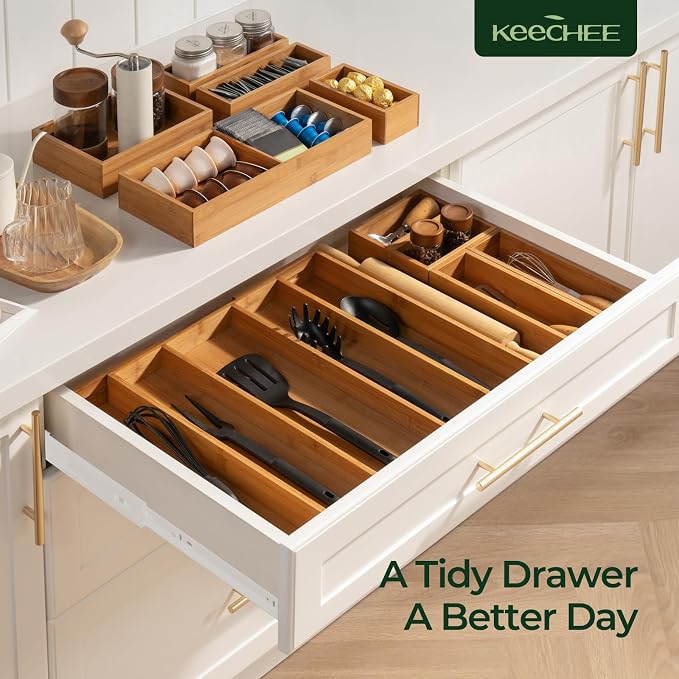 Carbonized Bamboo Kitchen Drawer Organizer, 5 Slots Expandable Silverware - Image 8