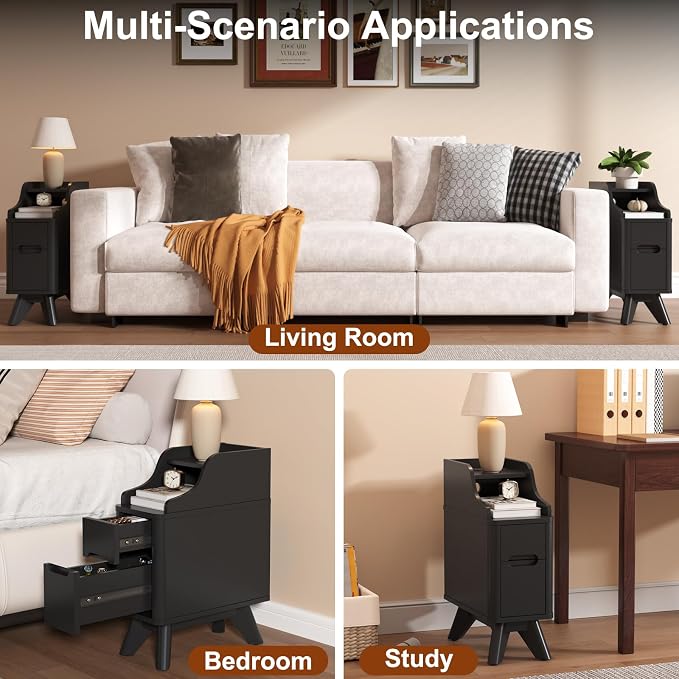 Narrow Nightstand with Drawers, Wood Night Stand with Charger Station, Narrow - Image 8