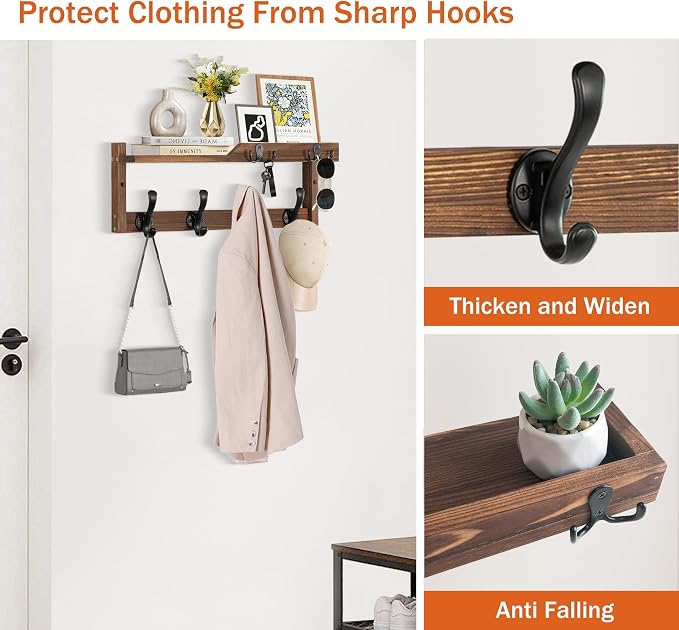 Coat Rack Wall Mount with Shelf, Coat Hanger Wall Mount with Key Hooks and Mail - Image 2