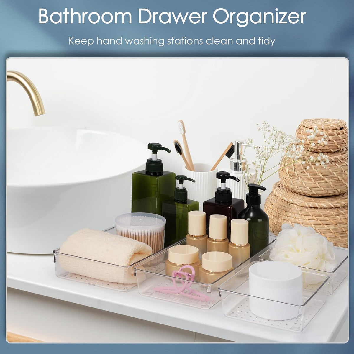 12 Pack Large Clear Plastic Drawer Organizer Set, Acrylic Bathroom