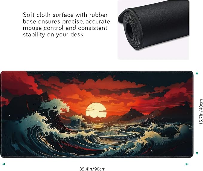 Japanese Sea Wave Large Mouse Pad, Gaming Keyboard Desk Pad, Extended Mouse Mat - Image 3