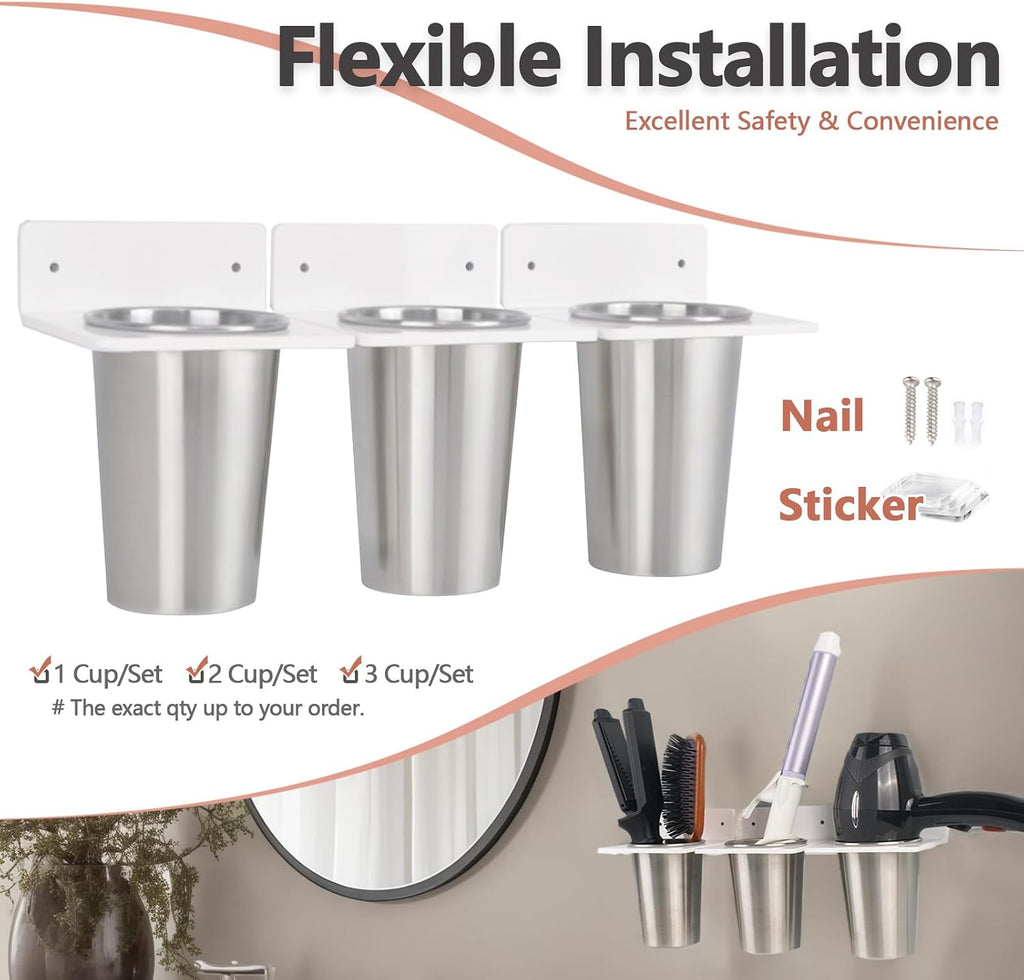Hair Tool Organizer Wall Mount Blow Dryer Holder with Steel 4 Cups