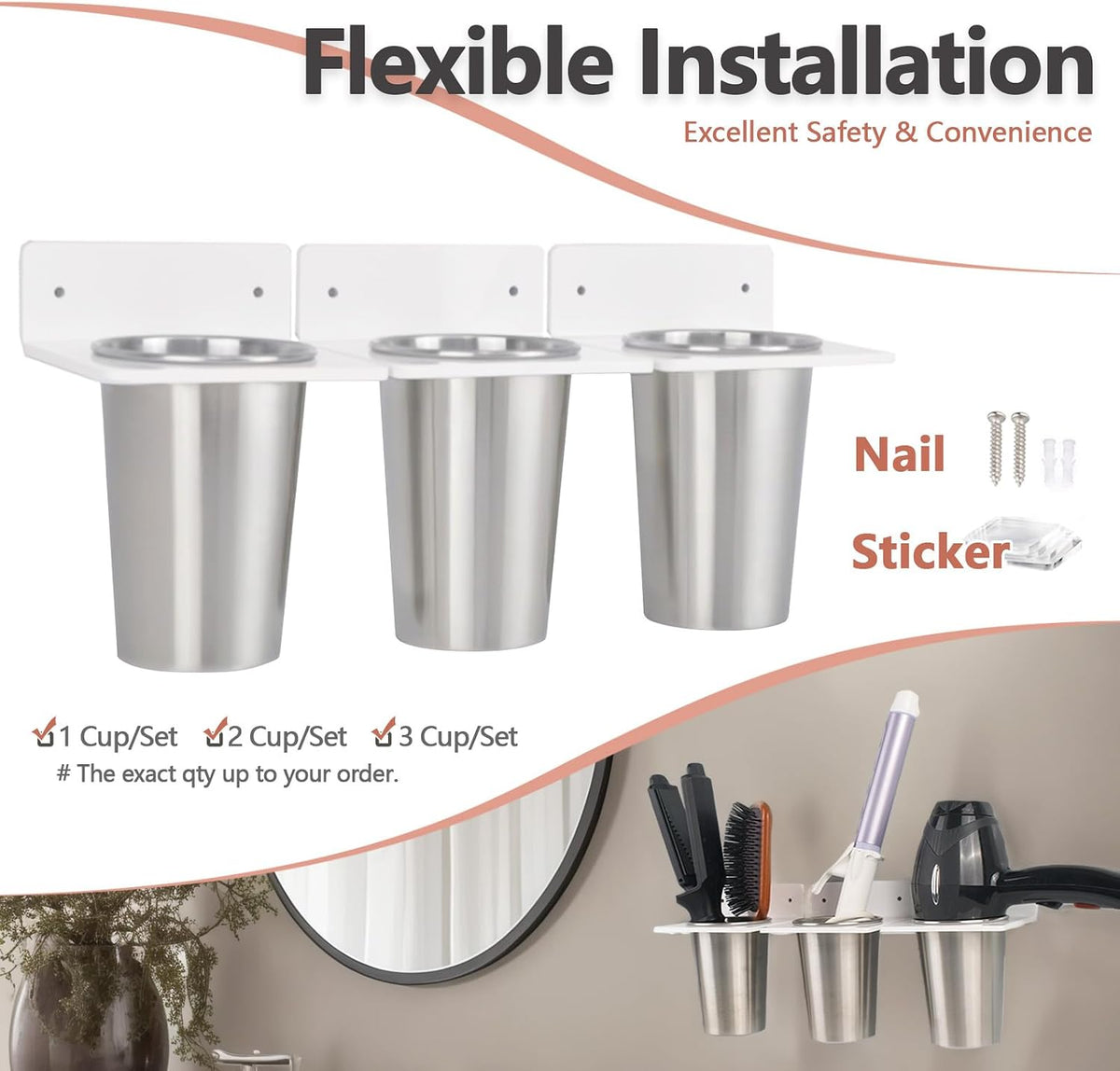 Hair Tool Organizer Wall Mount Blow Dryer Holder with Steel 4 Cups