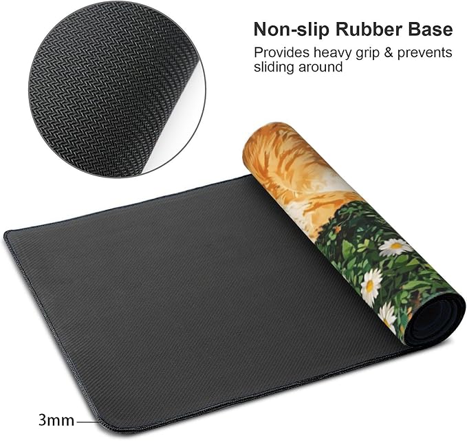 Cozy Cat Large Mouse Pad, Grass Daisy Gaming Desk Mat, XXL Keyboard Desk Pad Mat - Image 4