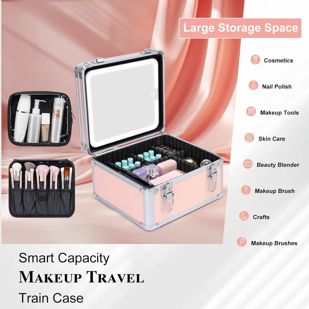 Makeup Box with Led Mirror,Travel Train Hard Case with Rechargeable