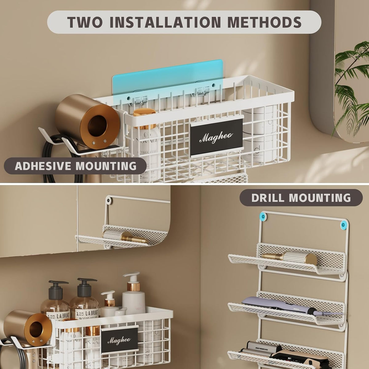 Magheo Hair Dryer Holder Wall Mounted, Adheisve Hair Tool Organizer