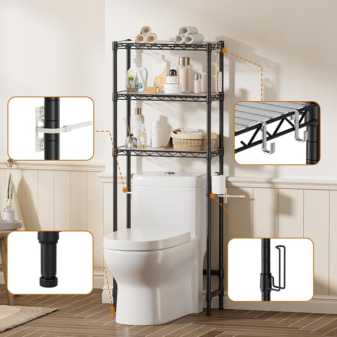 3-Tier Over The Toilet Storage Shelf, Heavy Duty Adjustable Metal Bathroom Rack - Image 6