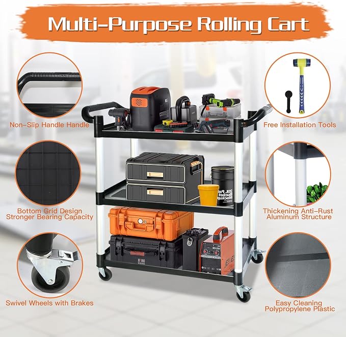 Utility Carts with Wheels, 3-Tier Rolling Cart with Wheels, Heavy Duty 510 LBS - Image 3