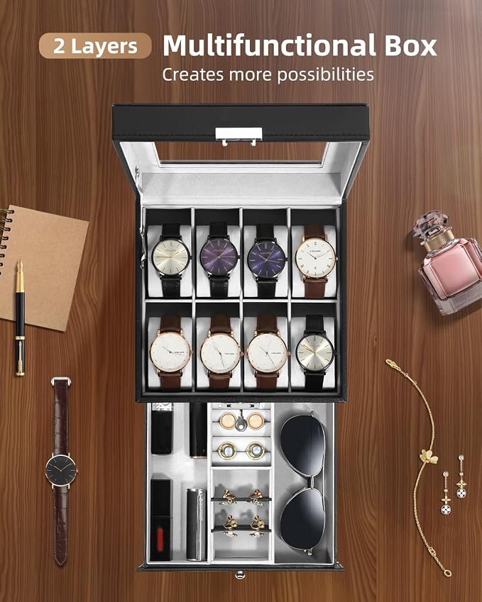 Uten 8-Slot Watch Box, 2-Layers PU Leather Watch Case - Image 2