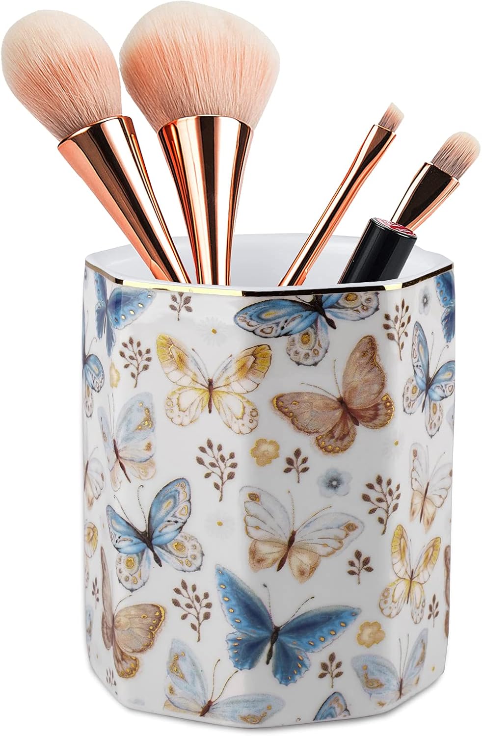 Jwest Pen Holder, Ceramic Shiny Gold Graphic Butterfly Pattern Pencil