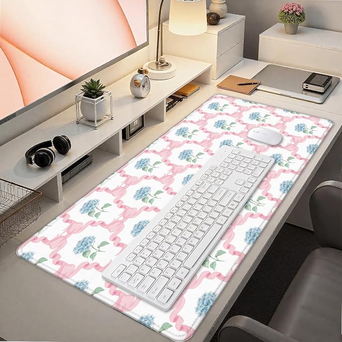 Blue Hydrangea Large Mouse Pad 31.5x15.7inch, Trendy Coquette Pink Bow Flower - Image 7