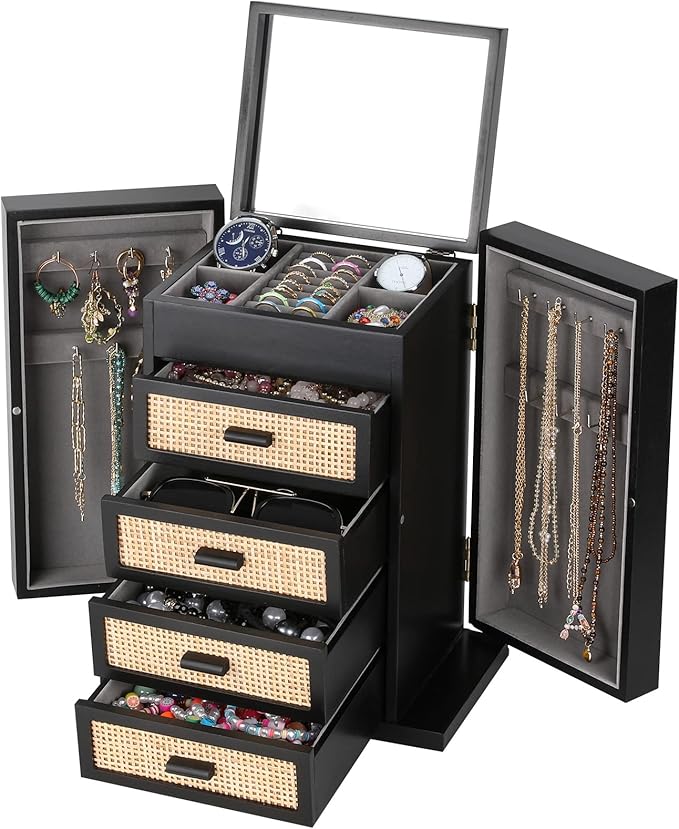Jewelry Organizer, Rattan Jewelry Box, 5 Layer Wooden Jewelry Organizer Box by MissRabbit