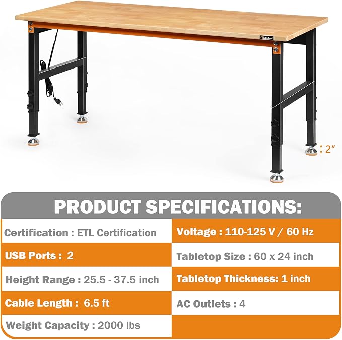 Betterhood Adjustable Height Workbench, 2000 LBS Load Capacity Hardwood - Image 4