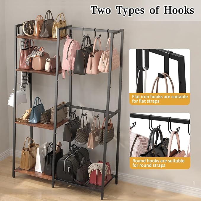 Purse Storage Organizer for Closet, 4-Tier Iron Wood Purse Rack, 8 Purse Hooks - Image 6