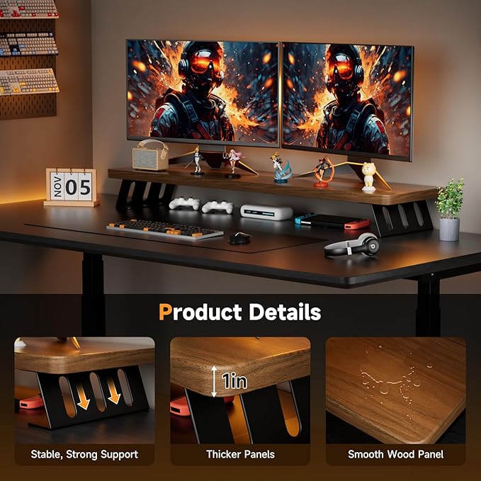 Dual Monitor Stand Riser, 39 Inch Large Wood Monitor Stands - Image 2